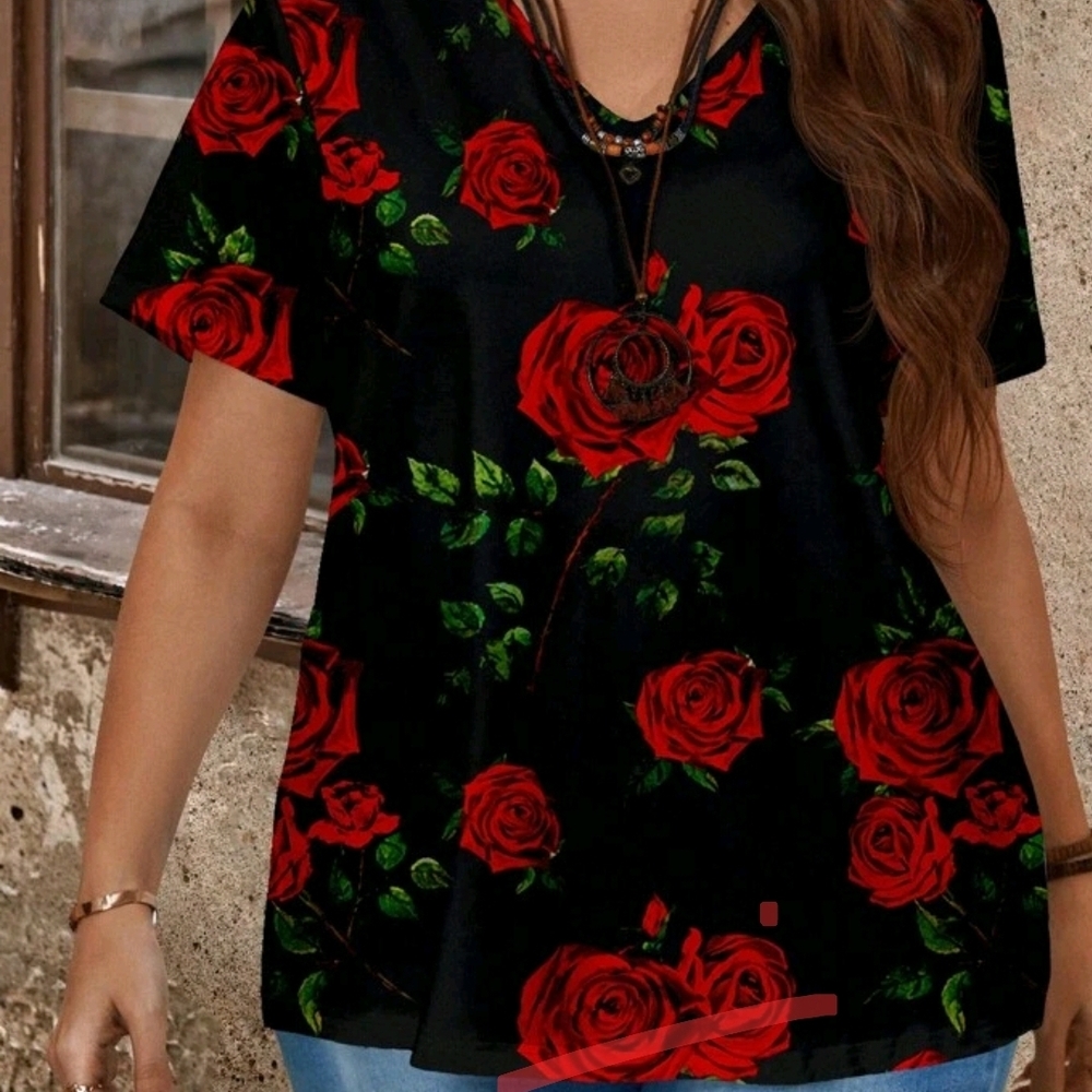 Floral Rose Black and Red Women's Top & Leggings 2 Piece Stretch SET 2X / 3X